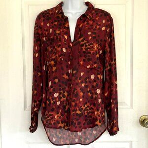 Cloth & Stone Anthropologie Hidden Button Top sz XS Animal Print Sheer Brown